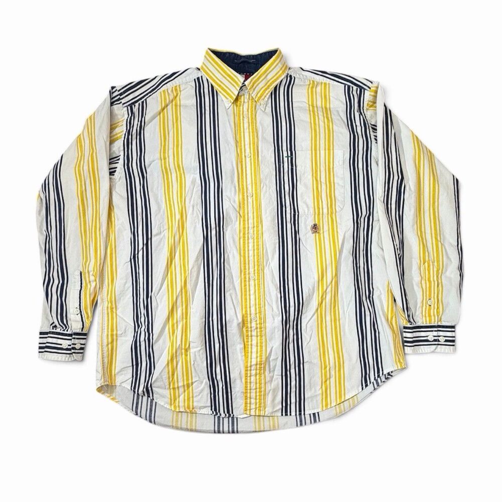Tommy Hilfiger Men’s Vintage XL Button Up White Yellow Blue Stripe Long Sleeve